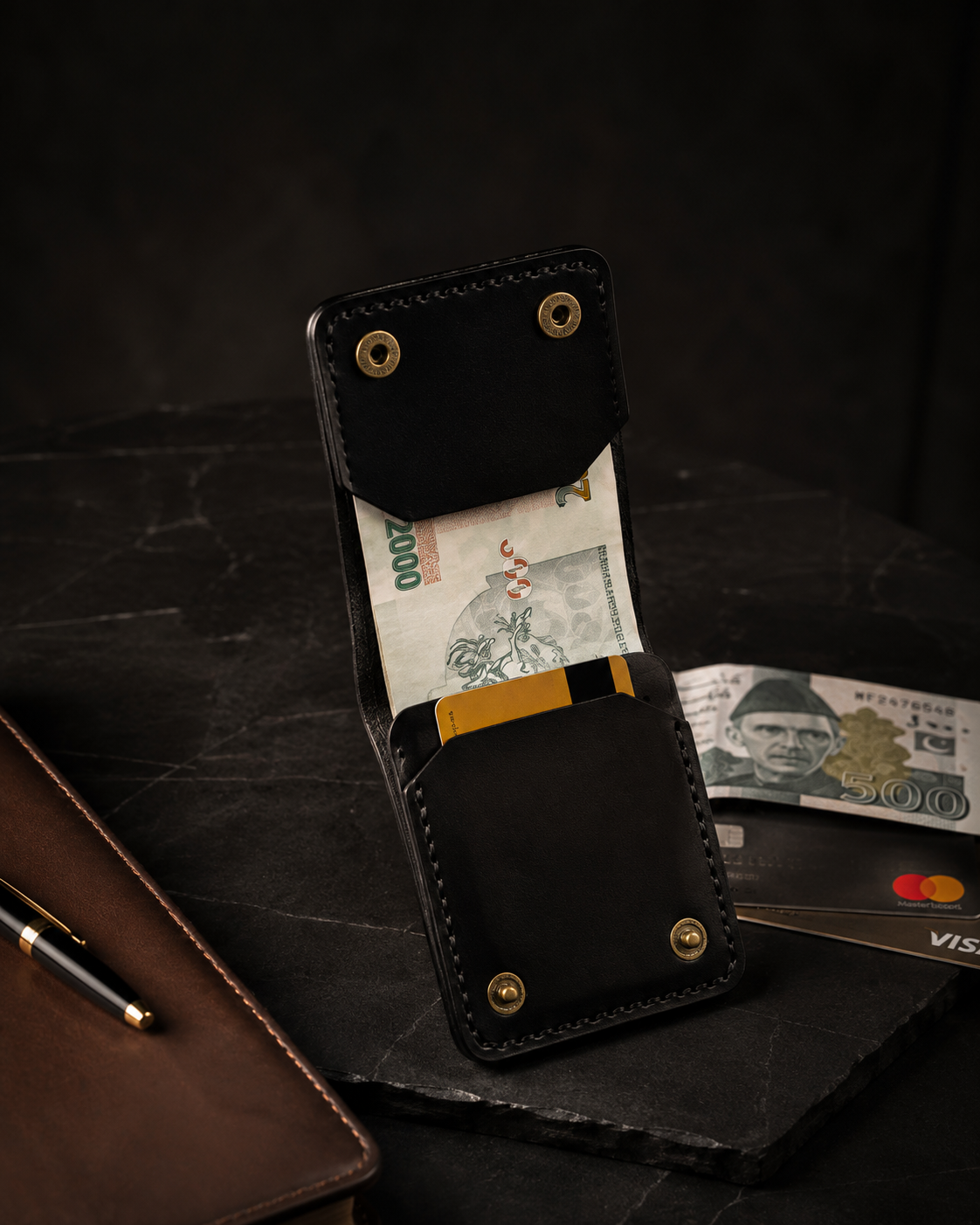 Compact black leather-style wallet
